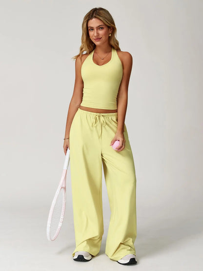 Halter Neck Top and Wide Leg Pants Two-Piece Set