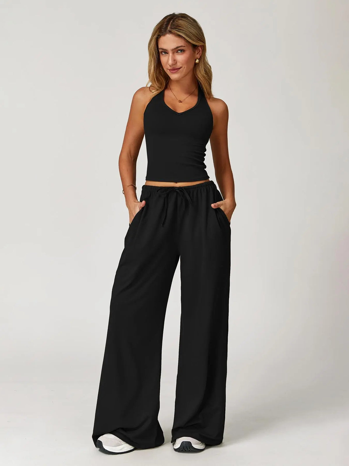 Halter Neck Top and Wide Leg Pants Two-Piece Set