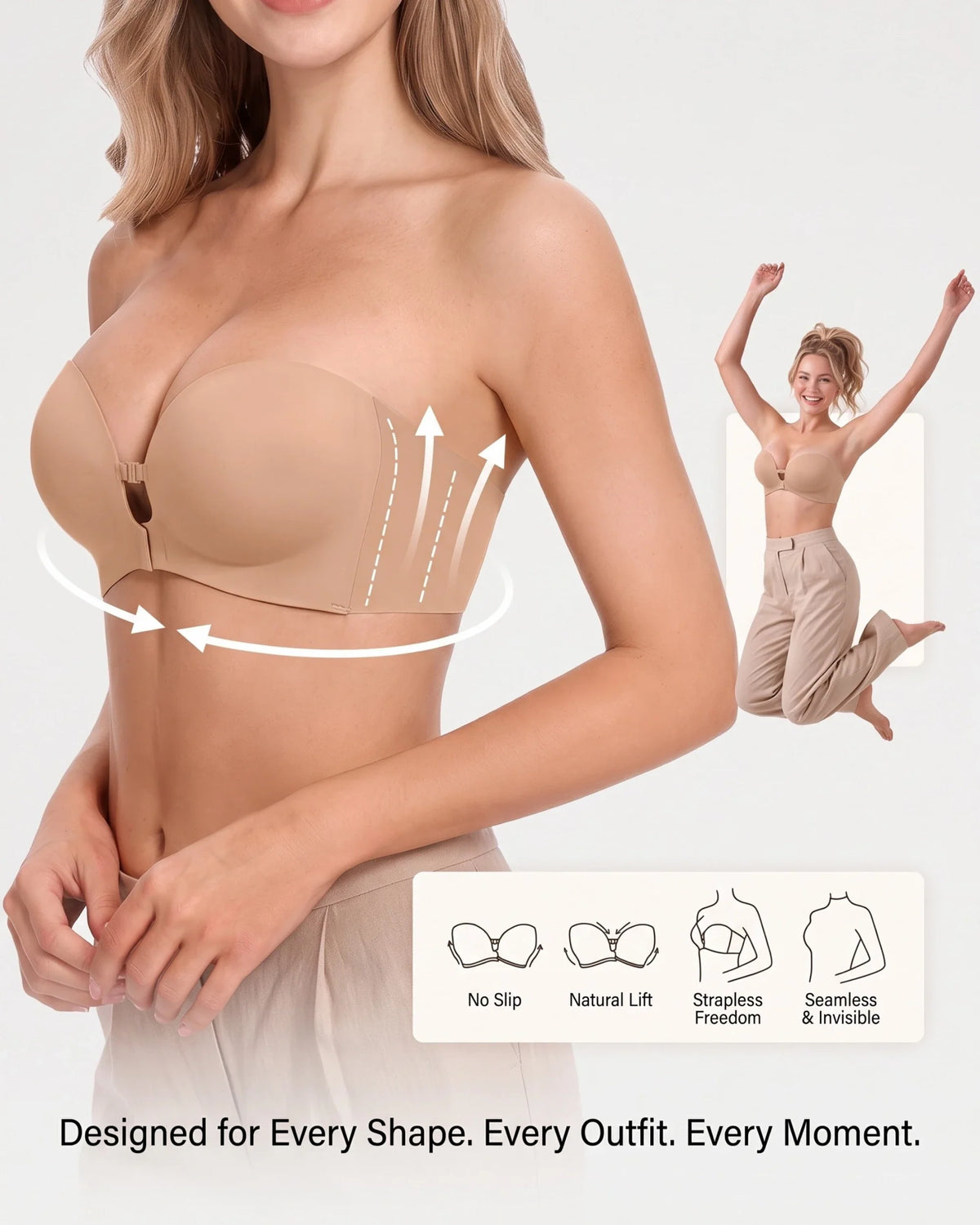 Wireless Front-Closure Molded Push up Strapless Bra