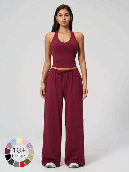Halter Neck Top and Wide Leg Pants Two-Piece Set