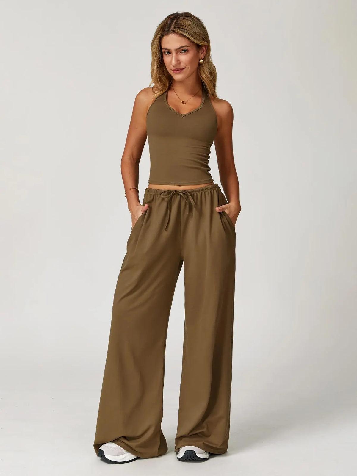 Halter Neck Top and Wide Leg Pants Two-Piece Set