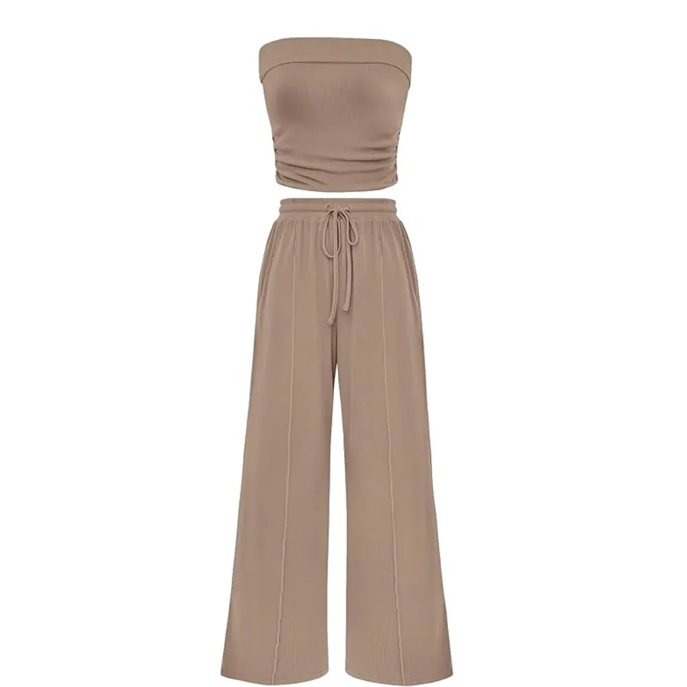 Ribbed Strapless Bandeau and High Waist Wide Leg Pants Two-Piece Set