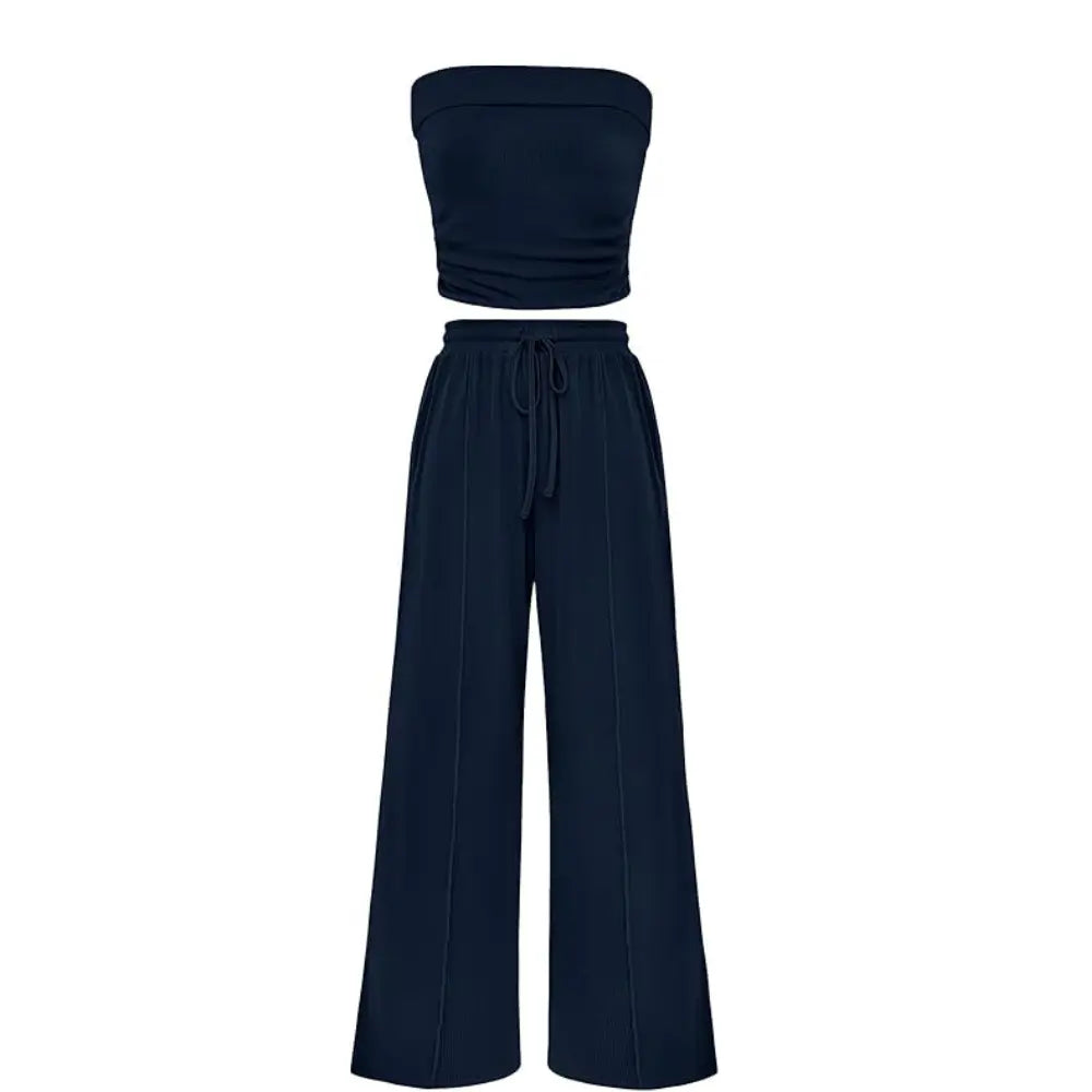 Ribbed Strapless Bandeau and High Waist Wide Leg Pants Two-Piece Set