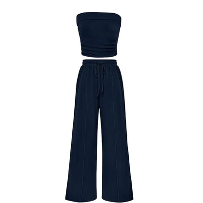 Ribbed Strapless Bandeau and High Waist Wide Leg Pants Two-Piece Set