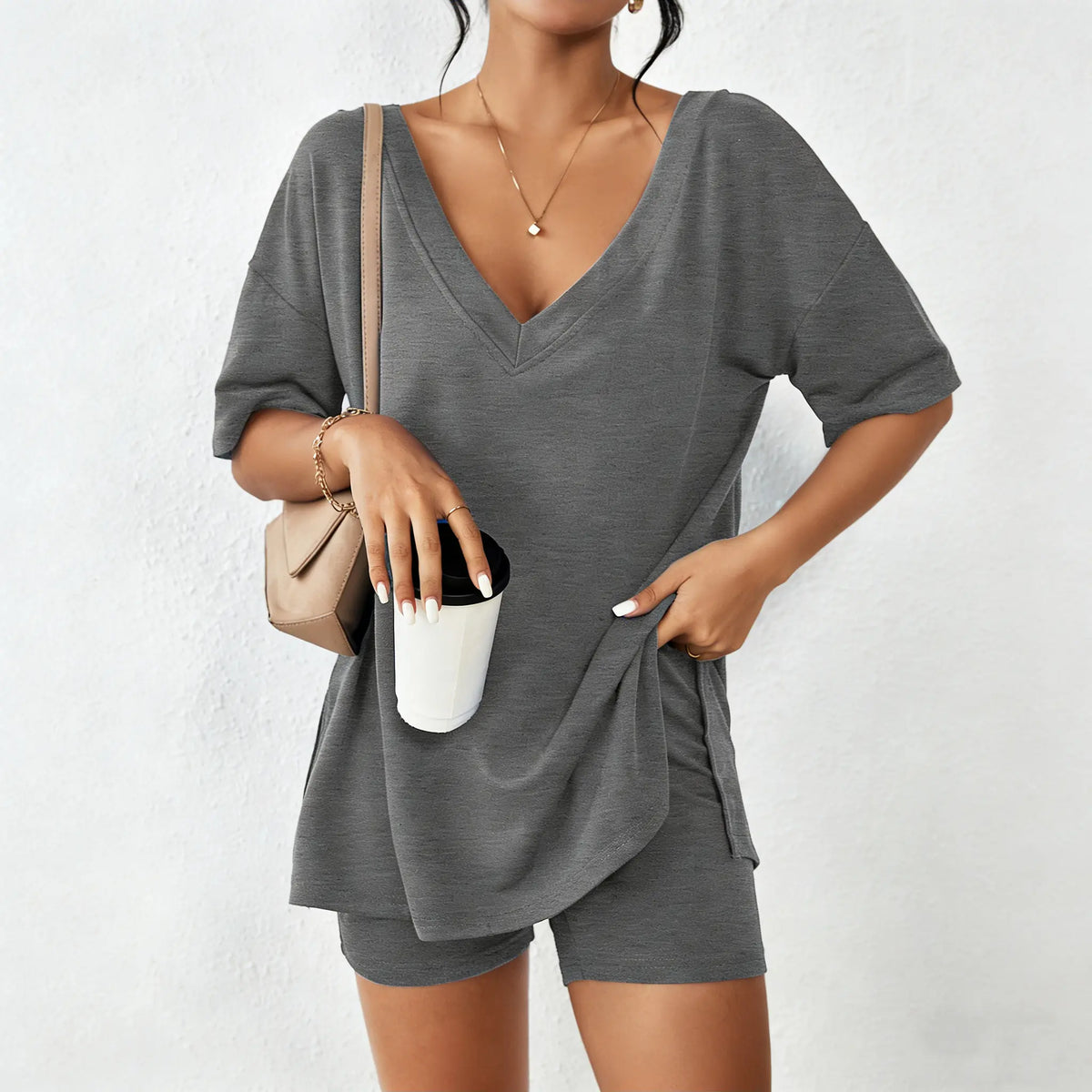 Oversized V-Neck Split Hem Lounge Set