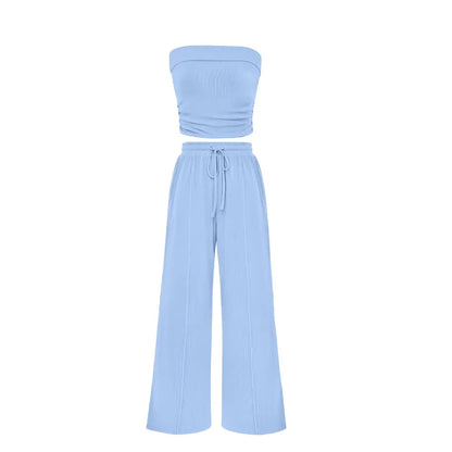 Ribbed Strapless Bandeau and High Waist Wide Leg Pants Two-Piece Set