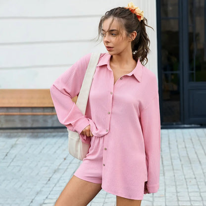 Textured Oversized Button-Down Shirt and Shorts Set