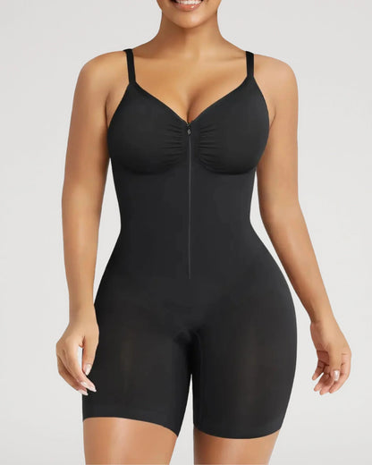 Seamless Zip-Front Mid-Thigh Shapewear Bodysuit