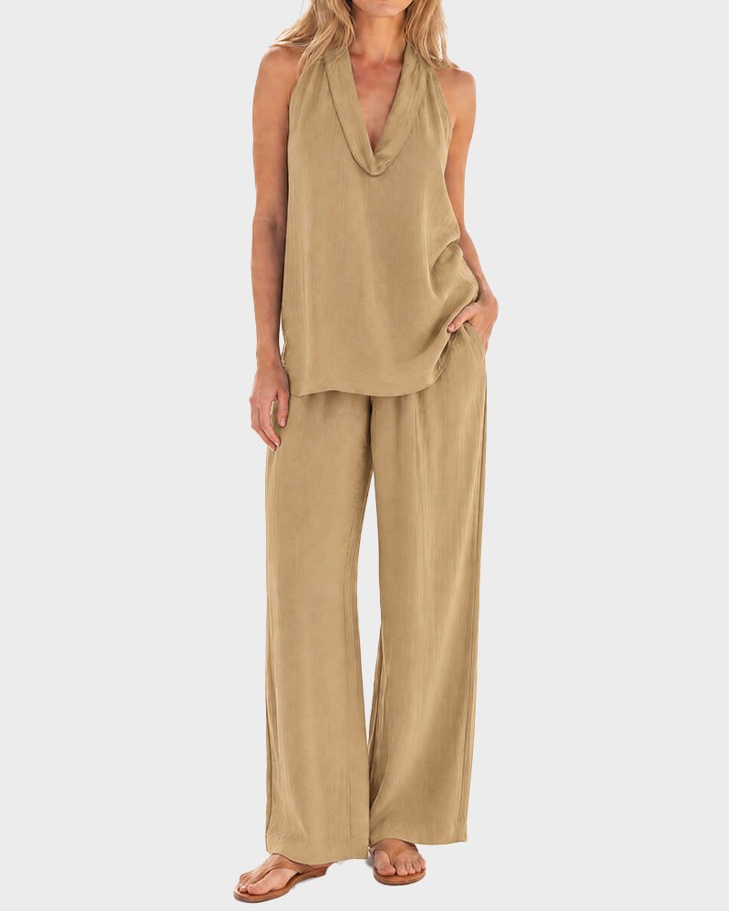Azure Halter V-Neck Top & Wide Leg Pants Two-Piece Set