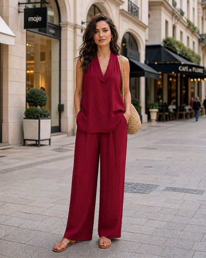 Azure Halter V-Neck Top & Wide Leg Pants Two-Piece Set