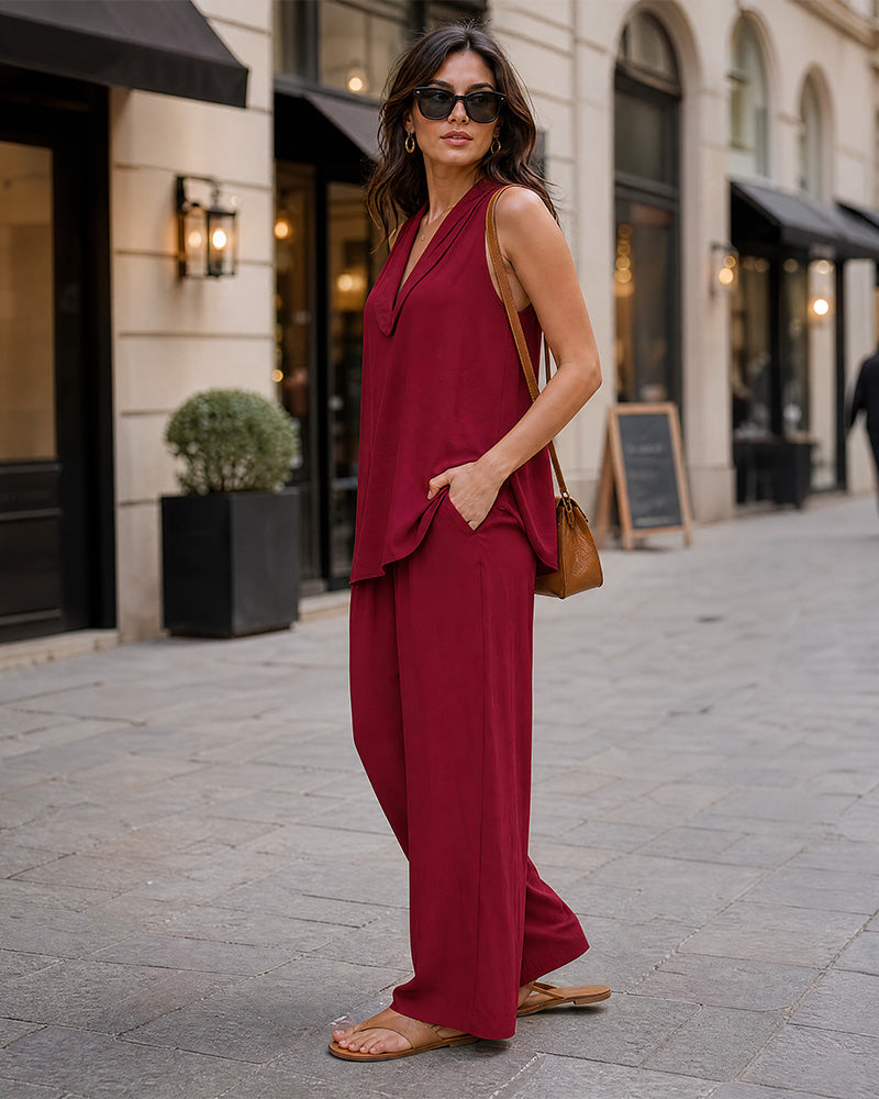 Azure Halter V-Neck Top & Wide Leg Pants Two-Piece Set