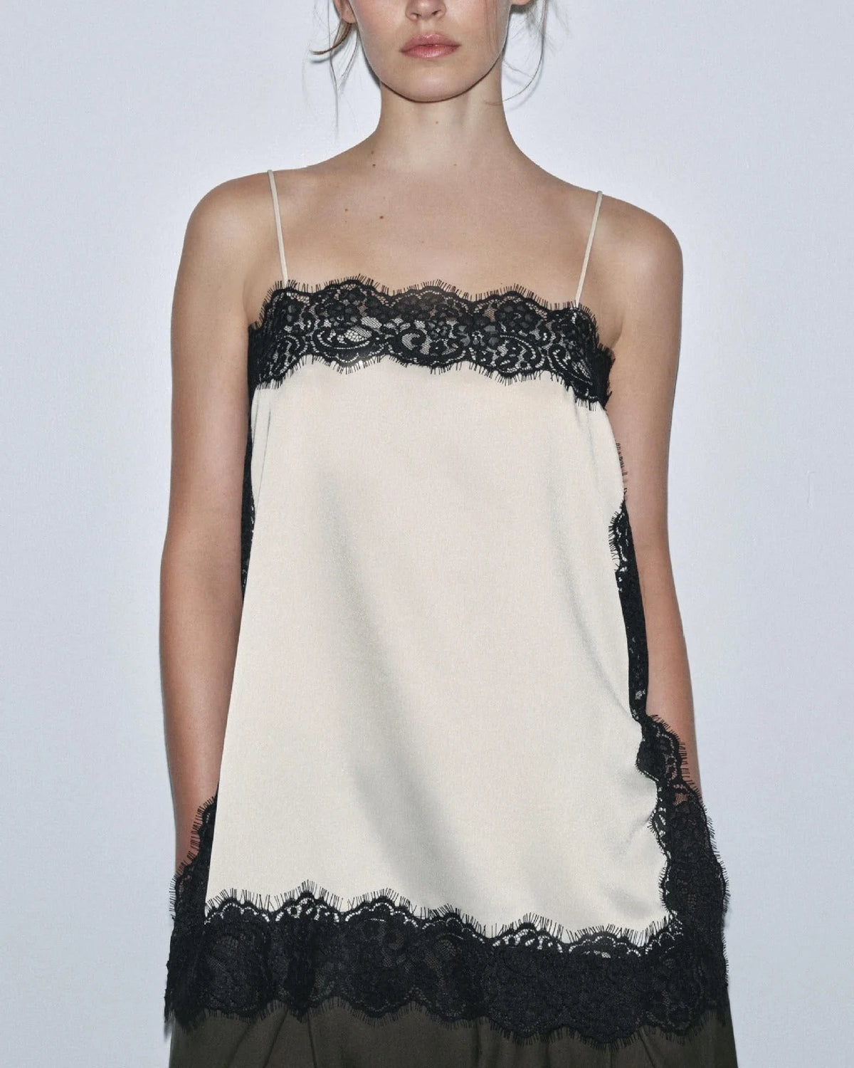 Contrast Black Lace Trim Satin Camisole Top