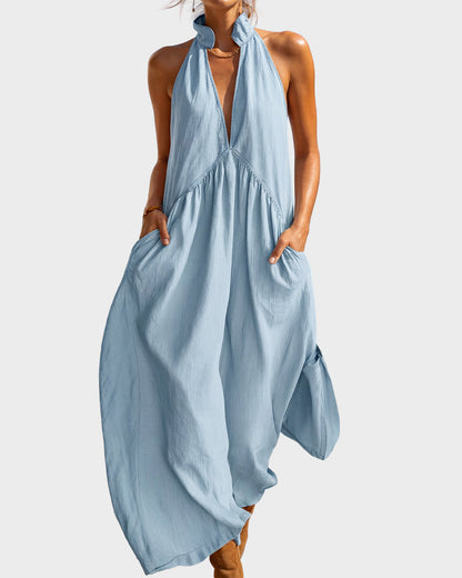 Halter Deep V-Neck Flowy Maxi Dress with Pockets