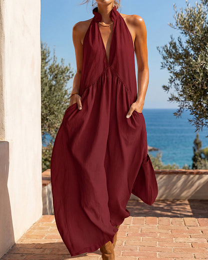 Halter Deep V-Neck Flowy Maxi Dress with Pockets