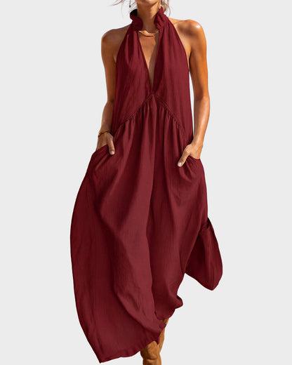 Halter Deep V-Neck Flowy Maxi Dress with Pockets