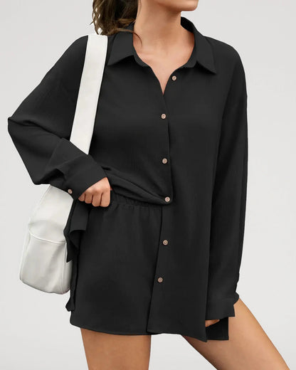 Textured Oversized Button-Down Shirt and Shorts Set