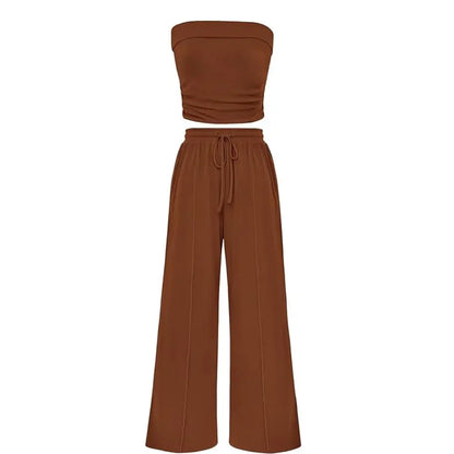 Ribbed Strapless Bandeau and High Waist Wide Leg Pants Two-Piece Set