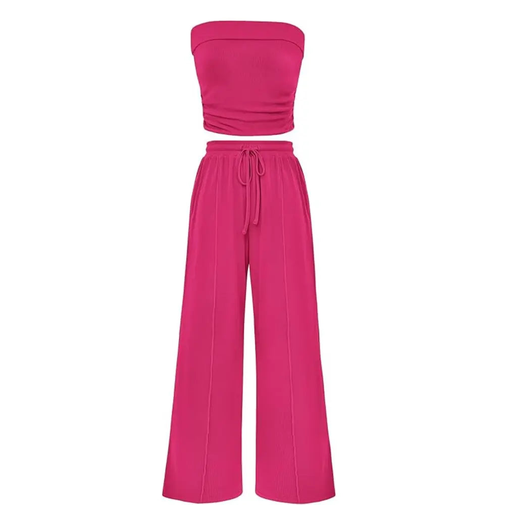 Ribbed Strapless Bandeau and High Waist Wide Leg Pants Two-Piece Set