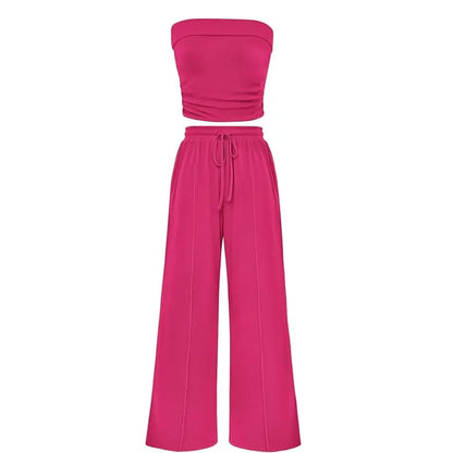Ribbed Strapless Bandeau and High Waist Wide Leg Pants Two-Piece Set