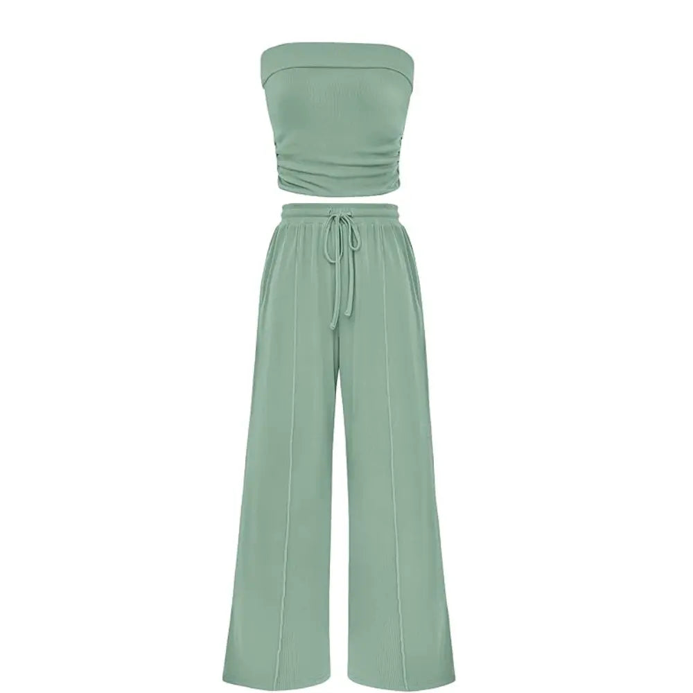 Ribbed Strapless Bandeau and High Waist Wide Leg Pants Two-Piece Set