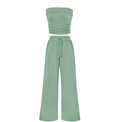 Ribbed Strapless Bandeau and High Waist Wide Leg Pants Two-Piece Set