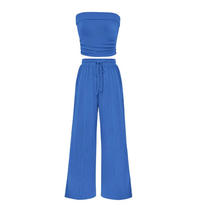 Ribbed Strapless Bandeau and High Waist Wide Leg Pants Two-Piece Set