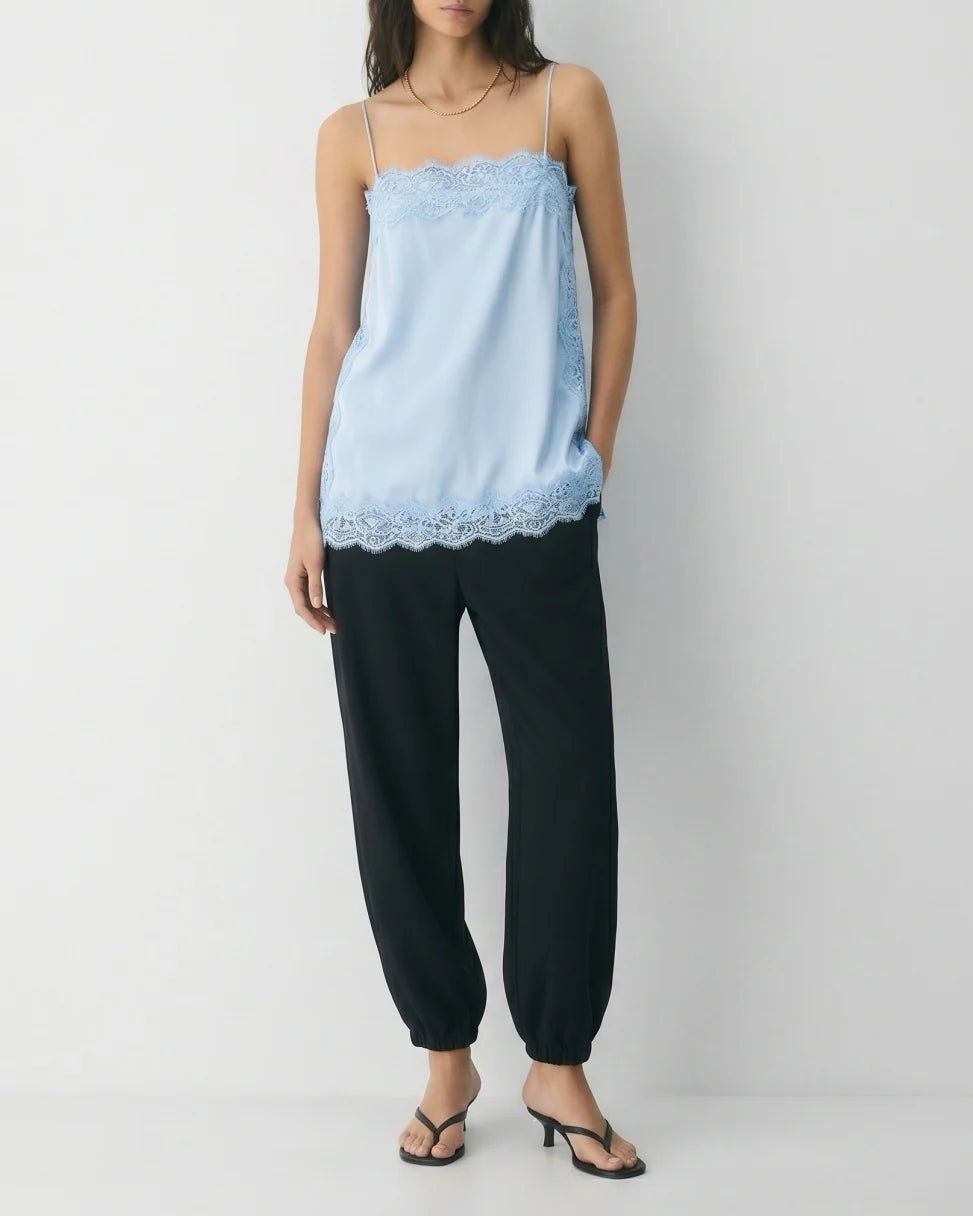 Contrast Black Lace Trim Satin Camisole Top