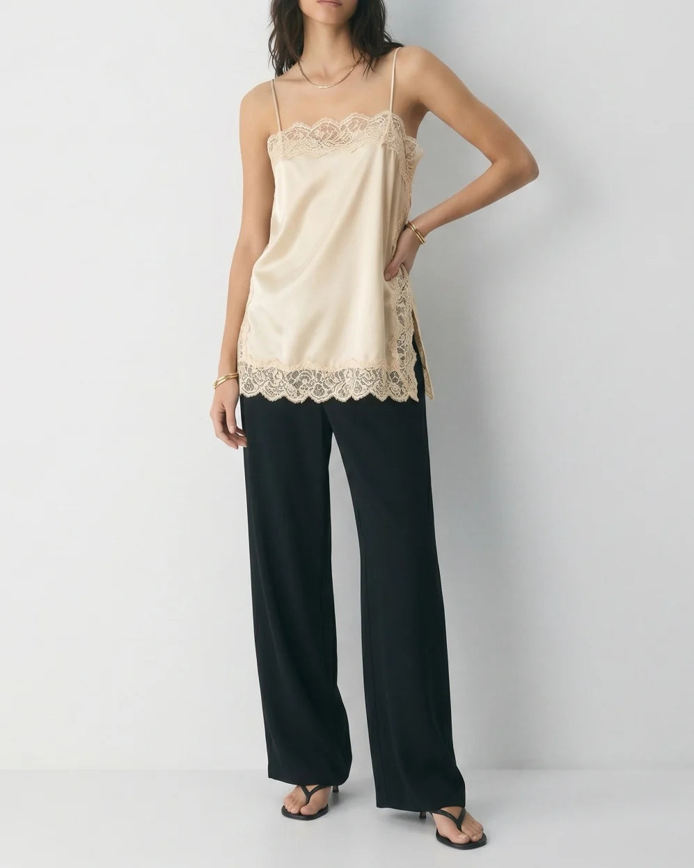 Contrast Black Lace Trim Satin Camisole Top