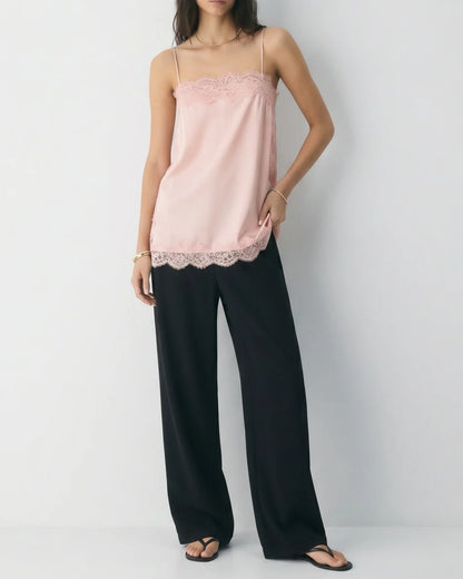 Contrast Black Lace Trim Satin Camisole Top