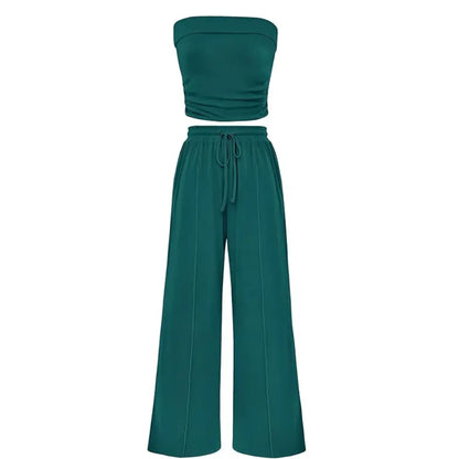 Ribbed Strapless Bandeau and High Waist Wide Leg Pants Two-Piece Set