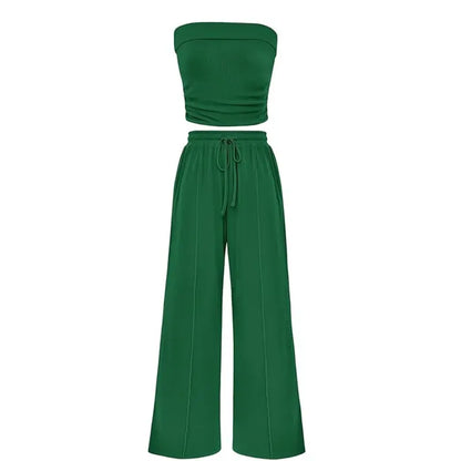 Ribbed Strapless Bandeau and High Waist Wide Leg Pants Two-Piece Set