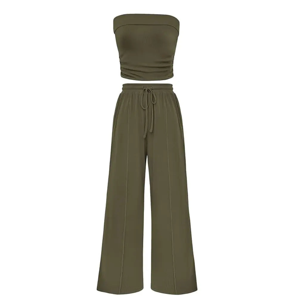 Ribbed Strapless Bandeau and High Waist Wide Leg Pants Two-Piece Set
